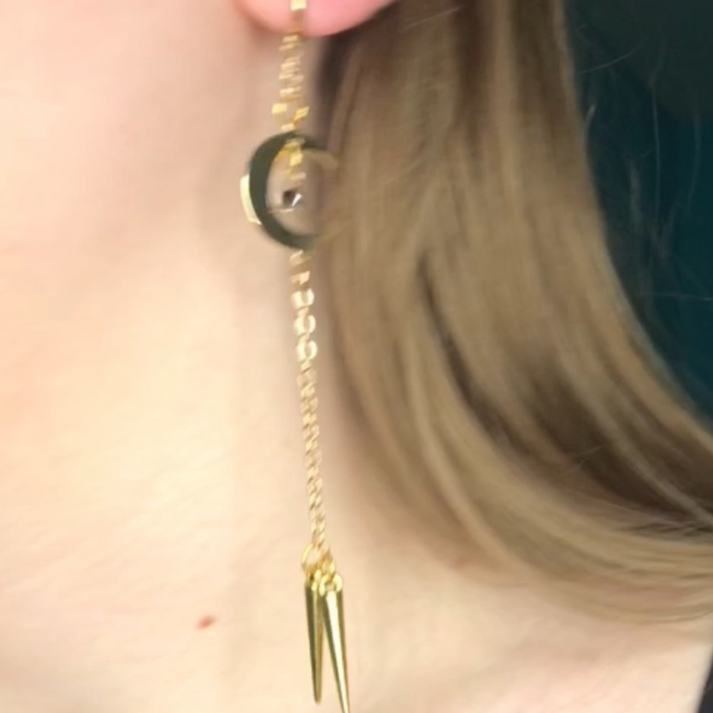 18k Gold Dangly Moon Chain Earrings with Spikes. Elegant Moon Jewelry🌙 - Picture 5 of 5